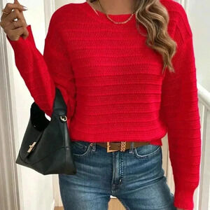 Red Casual Women's Elegant Bowknot Decor Drop Shoulder Sweater